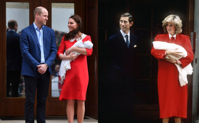Hercogiene Ketrīna ar princi Viljamu un jaundzimušo dēlu 2018. gada 23. aprīlī un princese Diāna ar princi Čārlzu un jaundzimušo princi Hariju 1984. gada 16. septembrī.