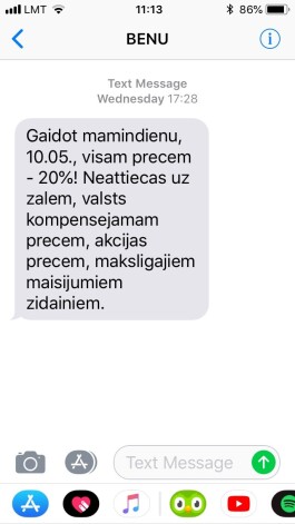 "BENU Aptieka" kampaņas ietvaros izsūtītā īsziņa, kuru telefonā saņēmusi Jeļenas māte un citi potenciālie klienti.