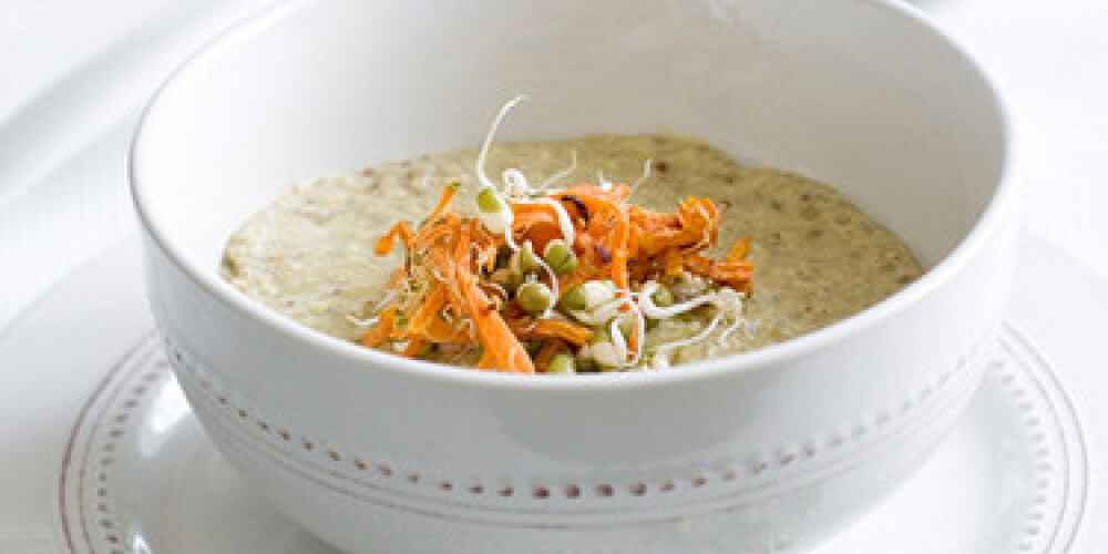 Vegetarian cream soup with vegetable, decorated with pies and carrot