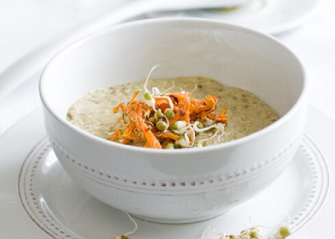 Vegetarian cream soup with vegetable, decorated with pies and carrot