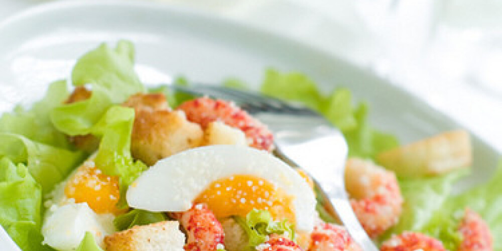 Fresh salad with shrimp and egg for appetizer