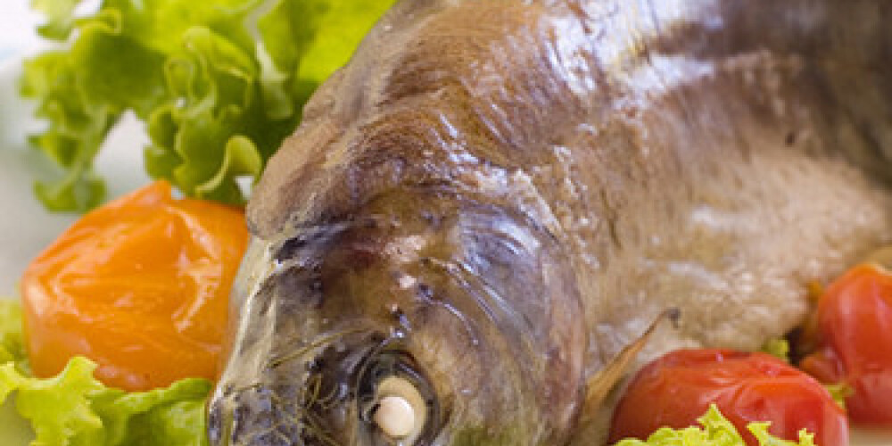 Grilled fish with lettuce and tomatoes. Selective focus