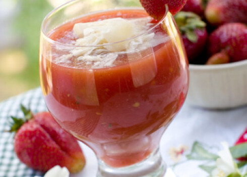 A glass of fresh strawberry and tomato gazpacho (cold soup). Selective focus
