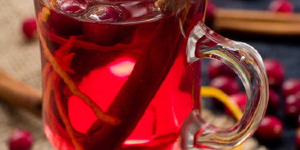 Hot drink with cranberries and cinnamon. Selective focus