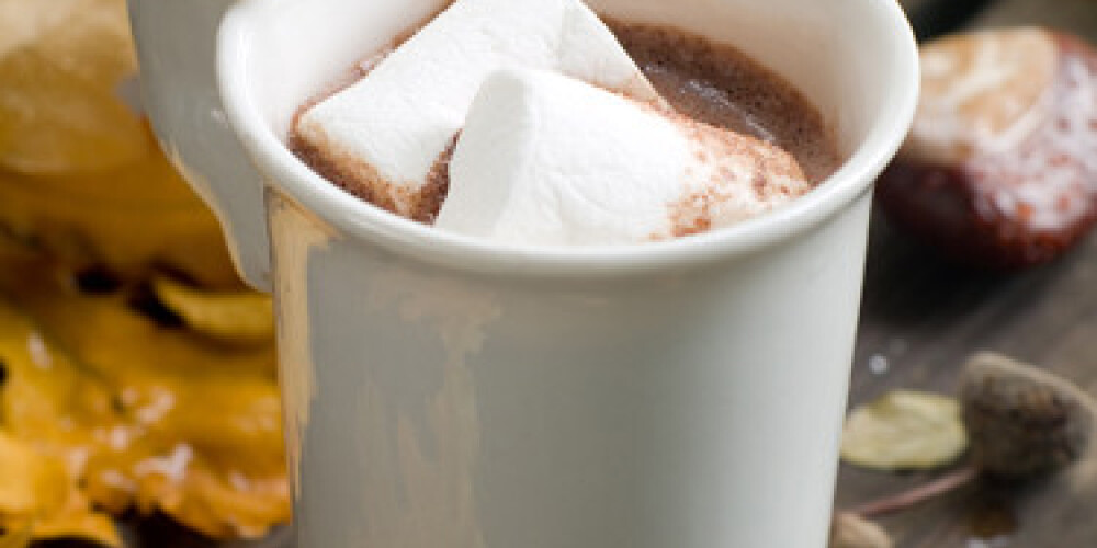 Hot chocolate with marshmellows in a autumn theme. Selective focus