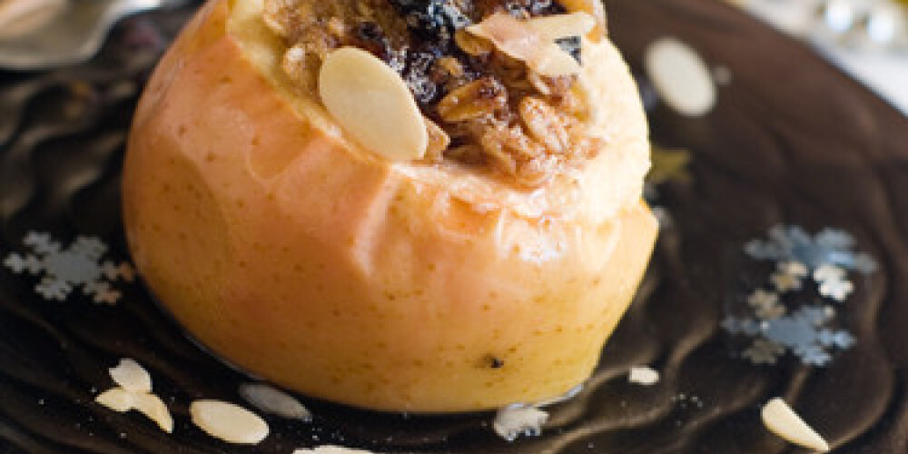 Baked apple with oatmeal and nut. Selective focus