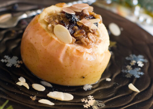 Baked apple with oatmeal and nut. Selective focus