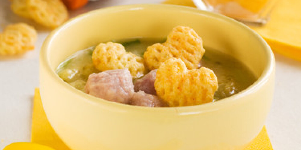 Soup with meat balls and chips, selective focus. Shot for a story on homemade, organic, healthy baby foods.