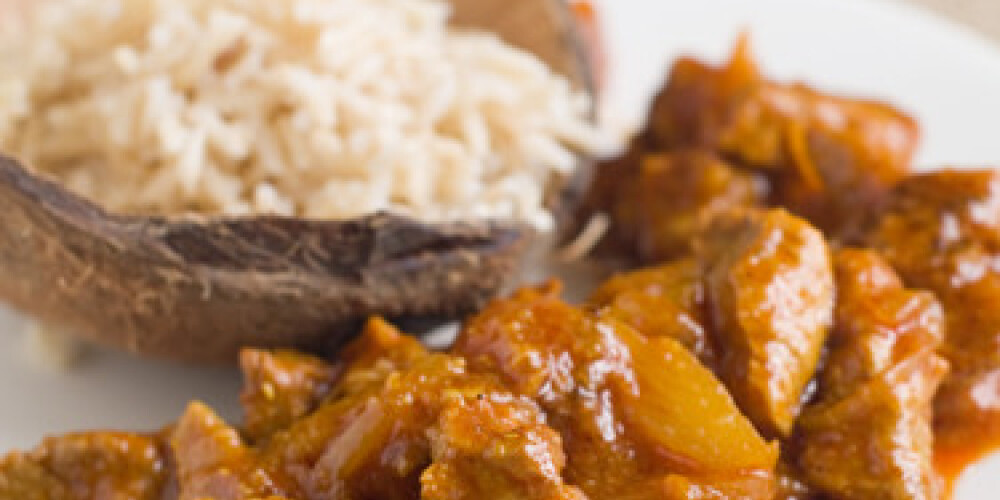 Meat curry  with rice, selective focus.