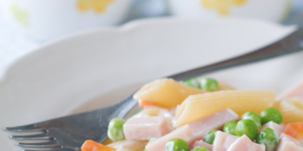 Fresh pasta with vegetables and ham for baby. Shot for a story on homemade, organic, healthy baby foods.