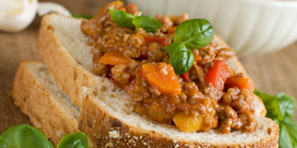 Sandwich of savory ground beef on toasted wholewheat bread. A delicious variety of a Sloppy Joe.