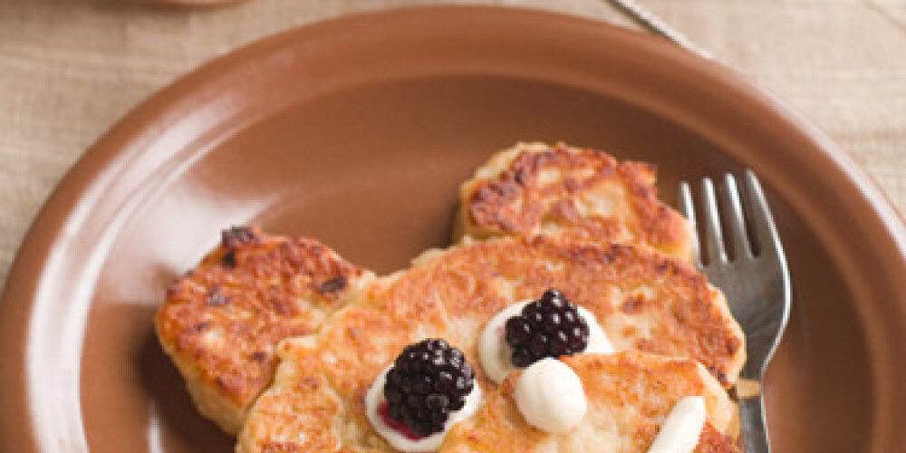 Cottage cheese pancake like bear, selective focus. Shot for a story on homemade, organic, healthy baby foods.