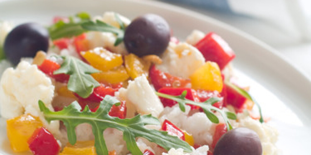 Vegetable salad with mozzarella and rice, selective focus