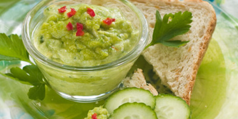 Avocado dip with bread, selective focus