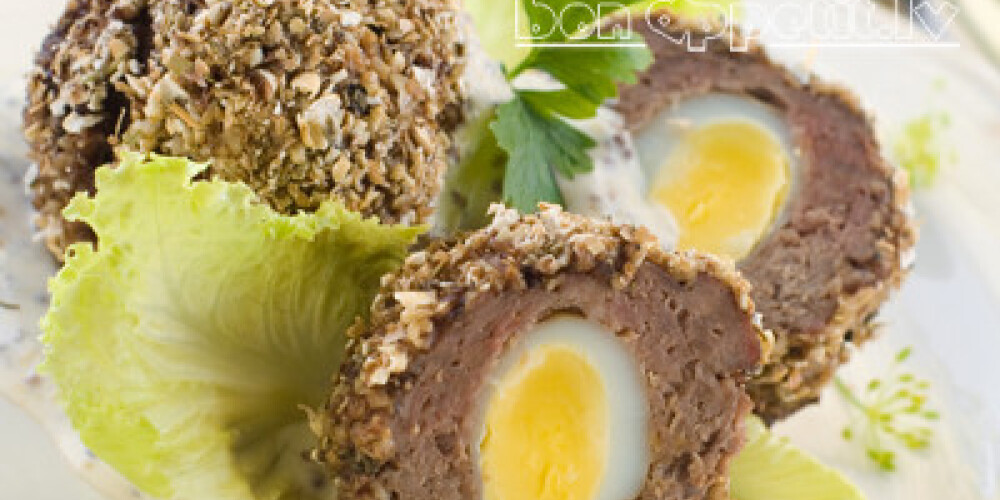 Traditional scotch eggs, selective focus