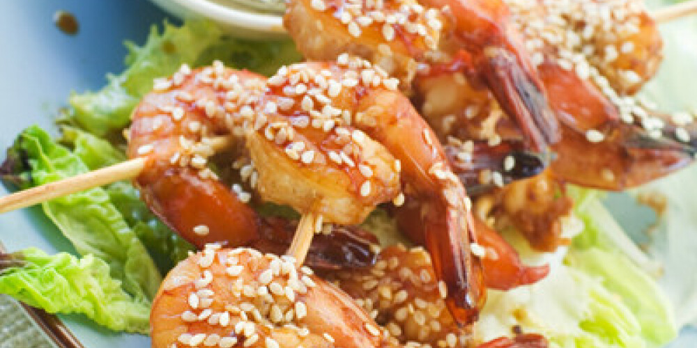 Grilled shrimp with sesame seeds, selective focus