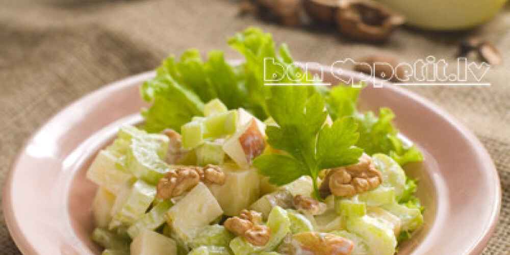Waldorf salad with cheese, selective focus