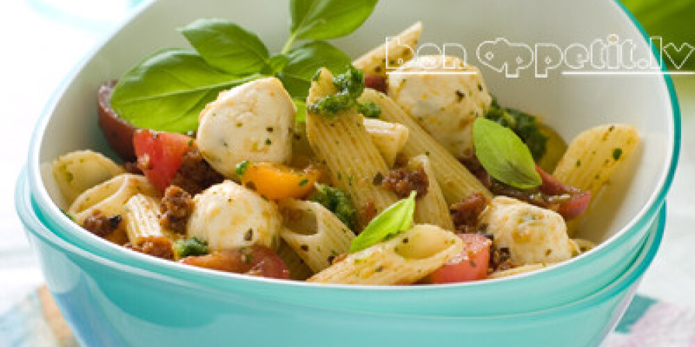 Pasta salad with mozzarella and tomato for picnic, selective focus