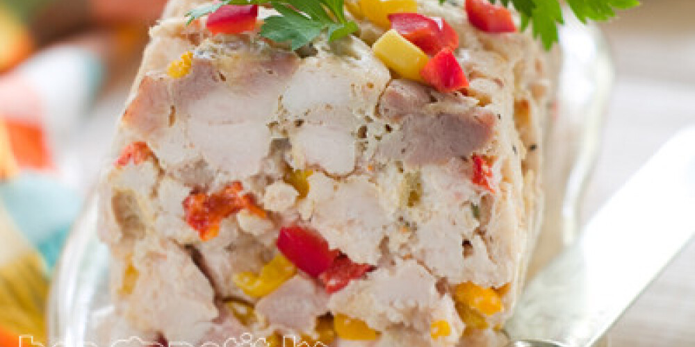 Chicken terrine with vegetables, selective focus