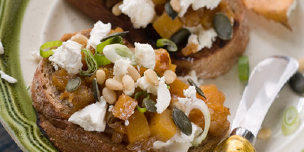 Toast with pumpkin and cheese, selective focus