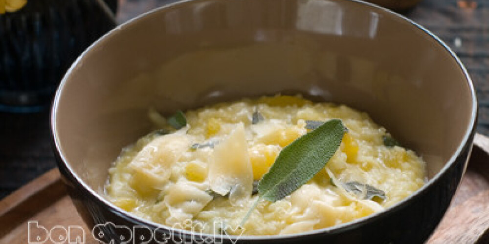 Risotto with pumpkin and cheese, selective focus