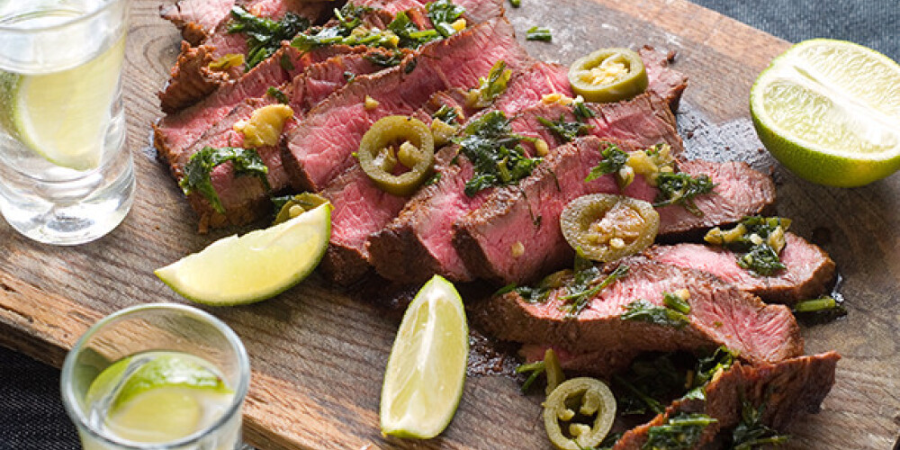 Mexican steak with jalapeno pepper and tequila, selective focus