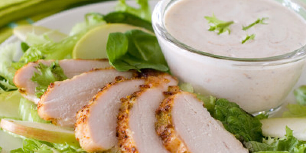 Chicken  salad with celery and apple, selective focus