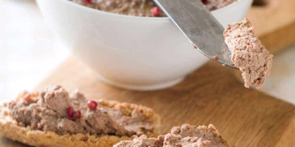 Chicken liver pate on bread, selective focus