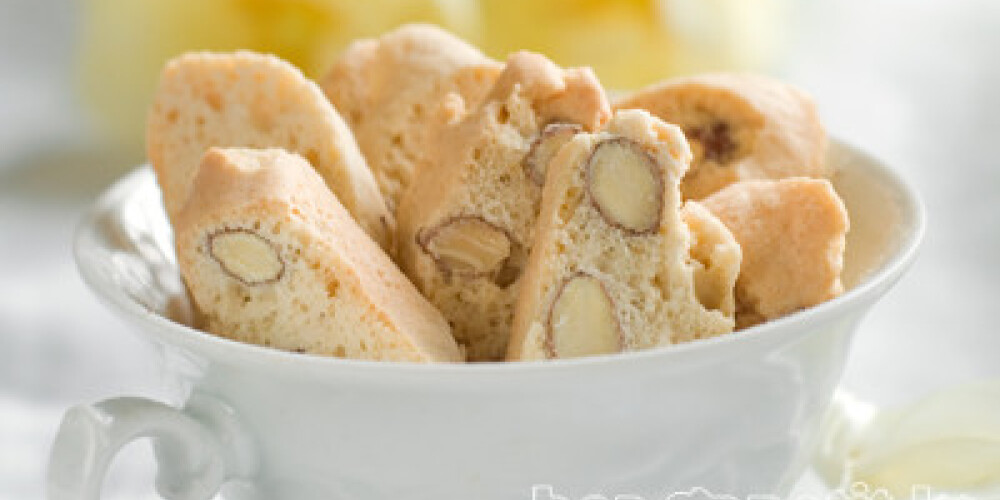 Cantuccini almond biscuits in cup, selective focus