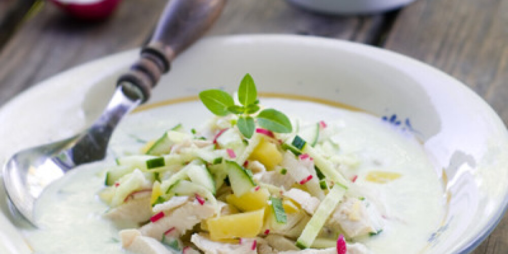 Cold soup with meat and vegetable, selective focus