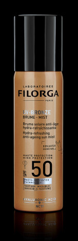 Filorga izsmidzināmais saules aizsarglīdzeklis UV Bronze Anti Age SPF 50+. € 39,99.