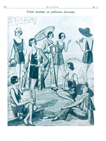 „Peldu kostīmi un pidžamas jūrmalai. (No kreisās) Sarkana zīda peldu kostīms ar baltu garnitūru. (Ar vārdu „garnitūra” tā laika presē saprata tērpa rotājumus. – Red.) Zils džersija peldu kostīms ar baltu garnitūru. Peldu ansamblis no melna zīda ar baltām aplikācijām; gaiši zils mētelis ar raibu apmali. Pidžama: platas raibas bikses ar sarkanu zīda blūzi. Melns triko kostīms ar oriģinālu brūnu un sarkanu garnitūru. Peldu kostīms no vienkrāsaina auduma ar tumšu garnitūru. Peldu kostīms no tumša triko ar baltu garnitūru. Raiba zīda pidžama ar baltu blūzīti.” Zeltene, 01.06.1931.