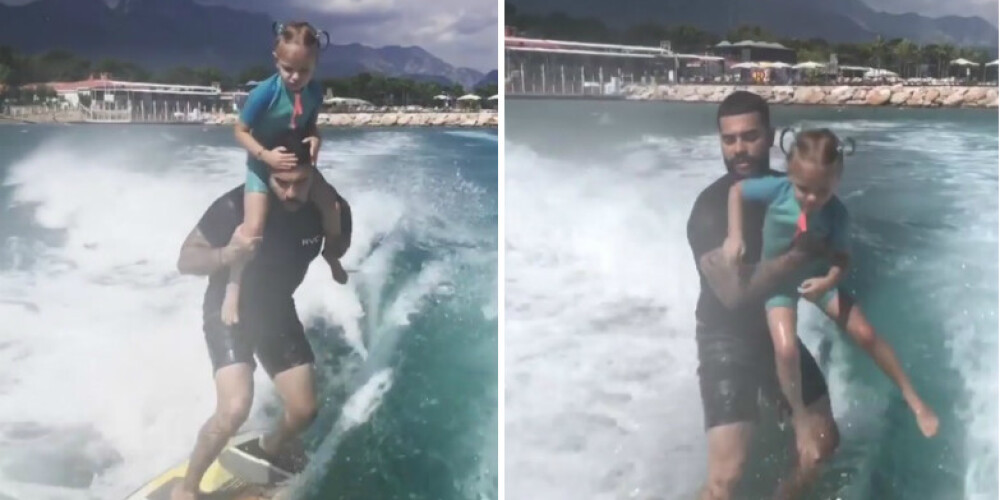 Видео: Тимати выполняет опасные трюки на серфе с маленькой дочерью на плечах