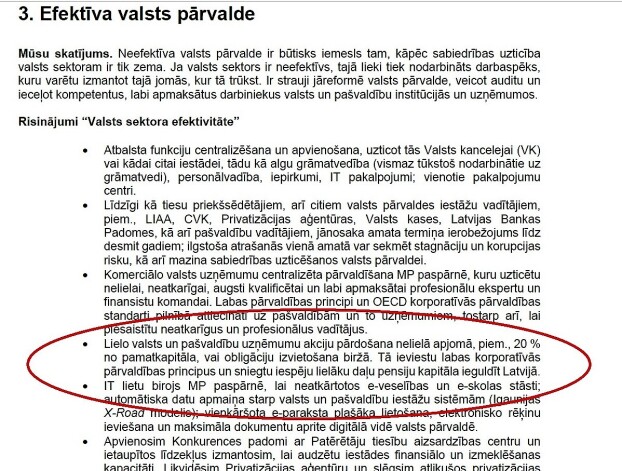 Jaunās konservatīvās partijas plāna sadaļā “Efektīva valsts pārvalde” piedāvāts šāds risinājums: “Lielo valsts un pašvaldību uzņēmumu akciju pārdošana nelielā apjomā, piemēram, 20% no pamatkapitāla, vai obligāciju izvietošana biržā.”