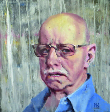 Aldis Kļaviņš. Pašportrets „Mana 77. dzimšanas diena” (audekls, eļļa, akrils, 40 x 40 cm, 2015).