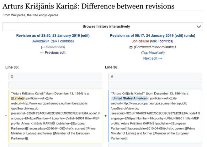 Kāds mistisks Jon deluxe Vikipēdijā uz dažām stundām izlaboja ierakstu par Latvijas premjeru Krišjāni Kariņu. “Dīvainā” kārtā to savai propagandai operatīvi izmantoja Andrejs Mamikins. Tas liek uzdot jautājumu, vai Mamikins un Jon deluxe nav viena un tā pati persona.