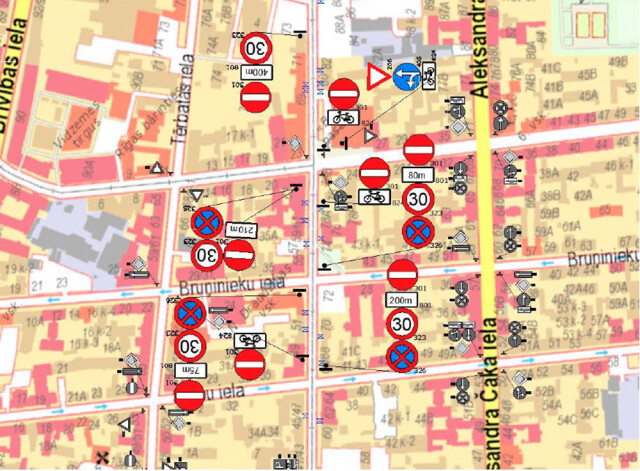 Rīgas domes satiksmes departamenta izstrādātās shēmas par iespējamies satiksmes ierobežojumiem pirmais variants - ar ceļa zīmi "Iebraukt aizliegts" pie Matīsa ielas. 