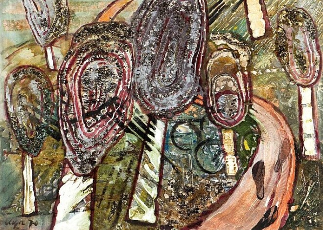 Lidija Auza. „Caur sidraba birzi gāju” (1970., audekls, eļļa, PVA tempera, metāla skaidas).