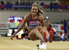 Laura Ikauniece of Latvia makes an attempt in the long jump of the Pentathlon at the European Athletics Indoor Championships at the Emirates Arena in Glasgow, Scotland, Friday, March 1, 2019. (AP Photo/Alastair Grant)