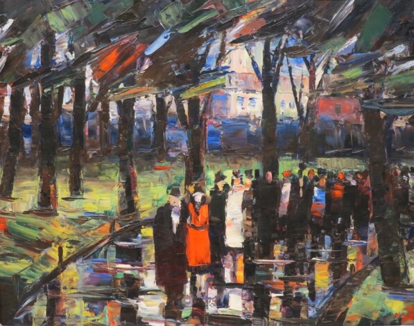 Voldemāra Jāņkalniņa izstādē skatāmas galvenokārt vispārinātas pilsētu ainavas ar cilvēku figūrām, ostu skati ar laivām, stilizētu koku kompozīcijas.