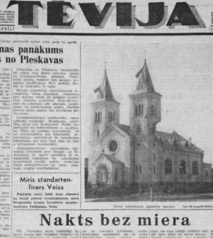 1944. gada 17. aprīlī Rīgā iznākošās “Tēvija” pirmajā lappusē publicēta saspridzinātās Rēzeknes baznīcas fotogrāfija un reportāža “Nakts bez miera.”