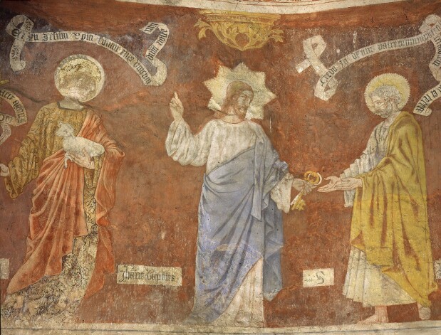 Jēzus Kristus nodod Debesu valstības atslēgas planētas pirmajam pāvestam – precētam vīram  Simeonam bar Jonas (16. gadsimta freska, mākslinieks nezināms).