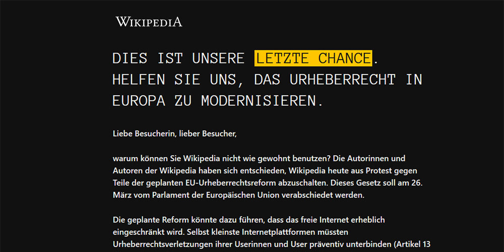 "Vikipēdijas" vācu lapa slēgta protestā pret ES autortiesību noteikumu reformām