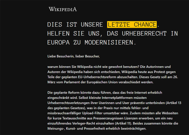 "Vikipēdijas" vācu lapa slēgta protestā pret ES autortiesību noteikumu reformām