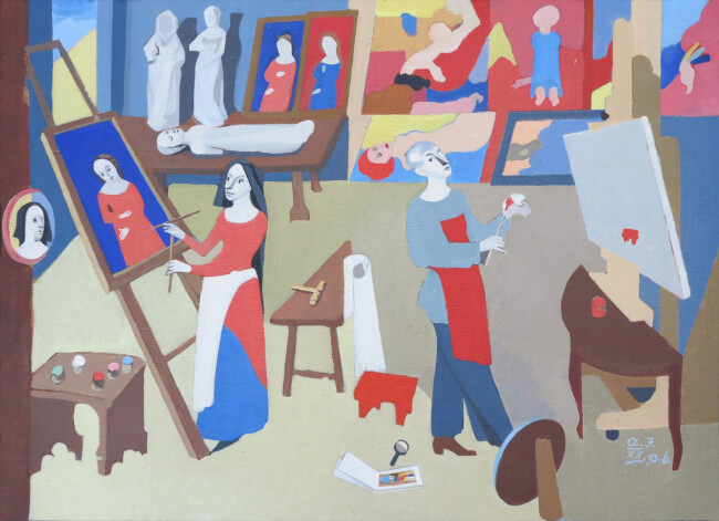 Aija Jurjāne. „Gleznotāja un viņas sirmā mācekle” (1997., audekls/akrils, 73,5x100 cm).