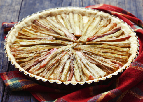 Olu krēma un rabarberu groziņš - ne tikai gards, bet arī vizuāli skaists deserts.