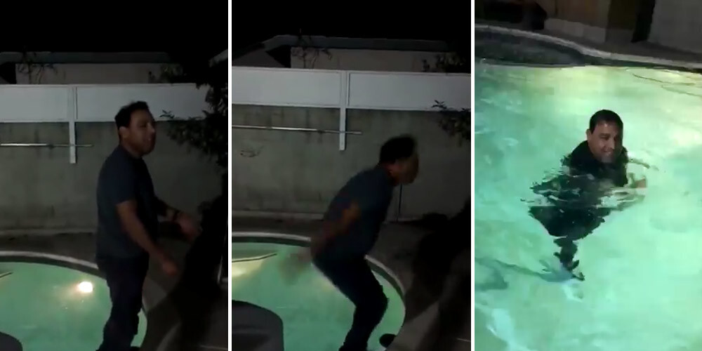 VIDEO: iereibis tēvs ģimenei mēģināja pierādīt, ka var ielēkt baseinā, metot atmugurisku salto