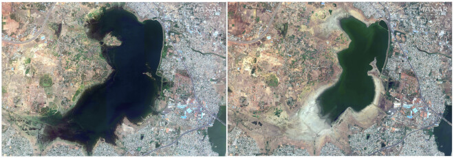 Indijas fotogrāfijas, ka uzņemts no satelīta 2018.gada 15.jūnijā (pa kreisi) un 2019.gada 6.aprīlī (pa labi).