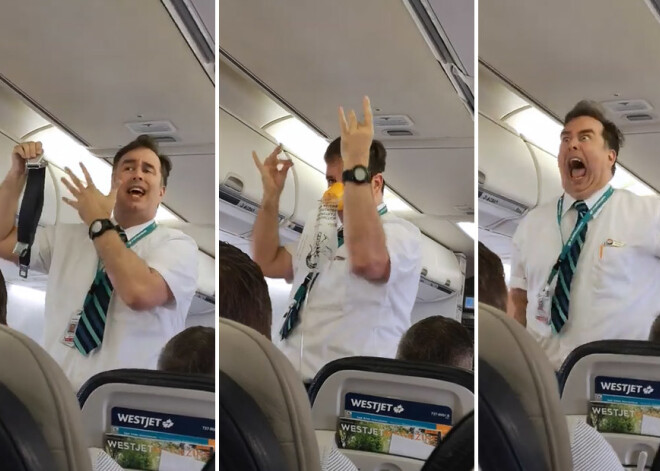 VIDEO: stjuarts drošības instrukciju laikā sasmīdina pasažierus līdz asarām