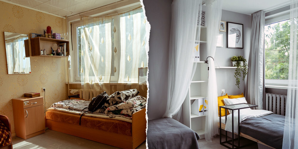 Pirms un pēc: kā iekārtot privātu telpu kopmītņu istabiņā